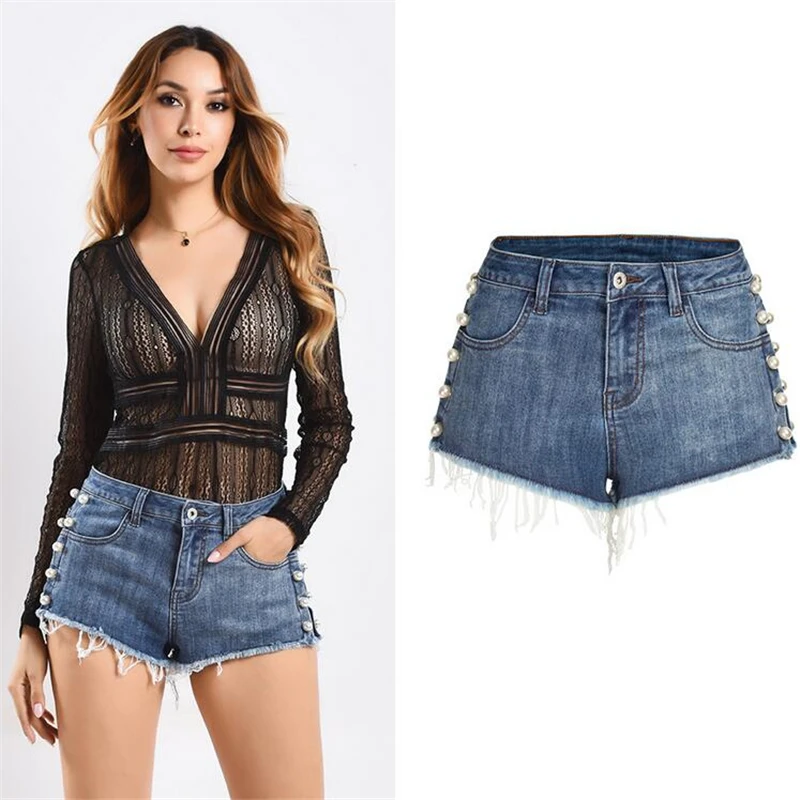 Модные джинсы с бусинами женские брюки 2020 летние сексуальные шорты высокой