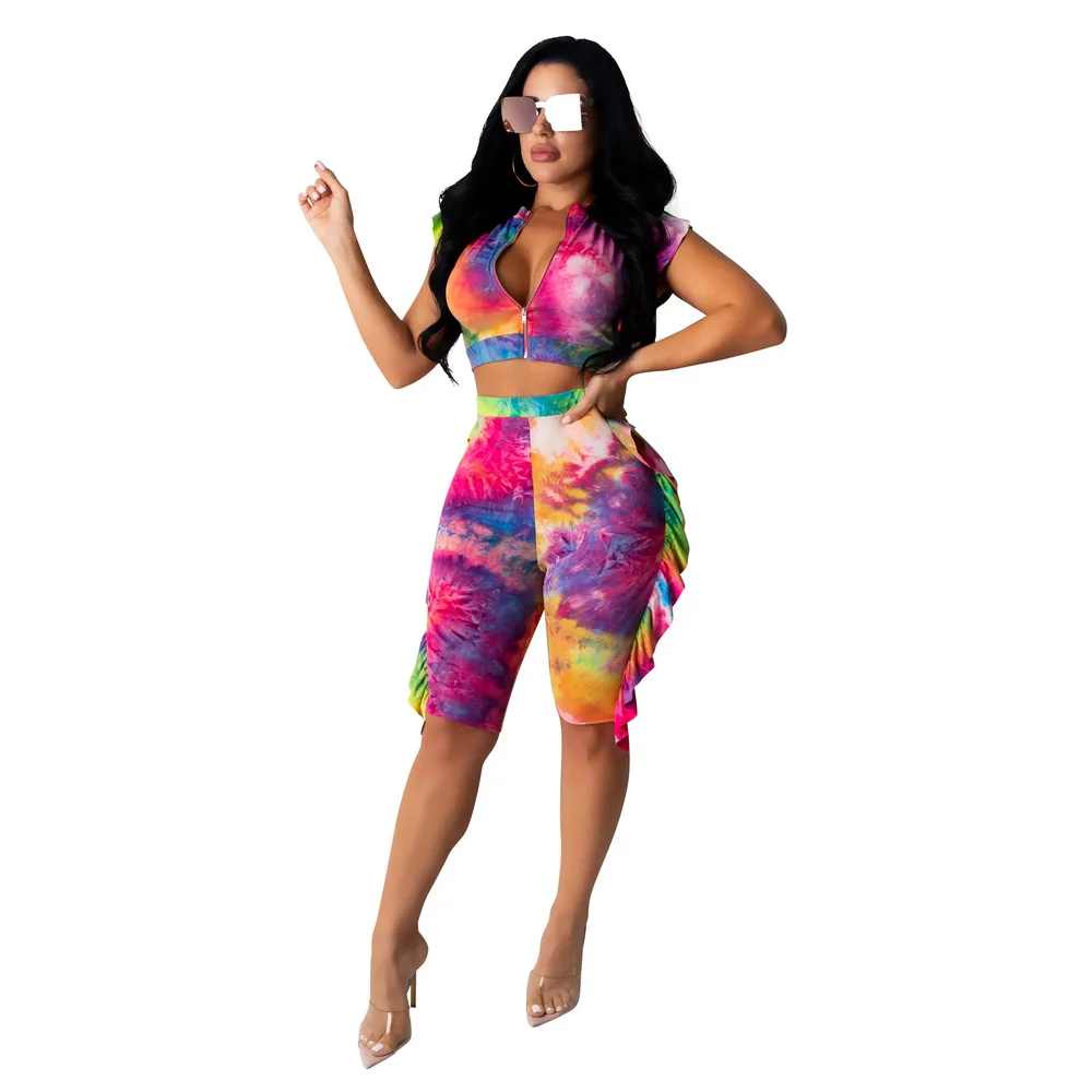 

Rainbow Tie Dye Ruffle Patchwork Two Piece Set Women Front Zipper Sleeveless Crop Top And Bodycon Knee Length Pant Club Outfits