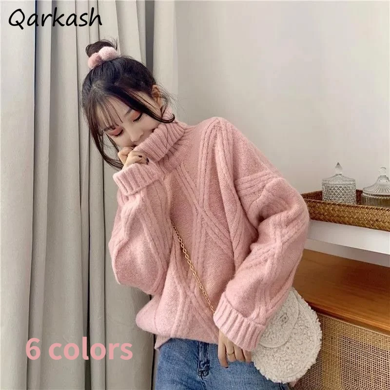 

Turtleneck Sweater Women Solid Simple Winter Cozy Basic All-match Sweet College Female Daily Leisure Ulzzang Twisted Knitwear