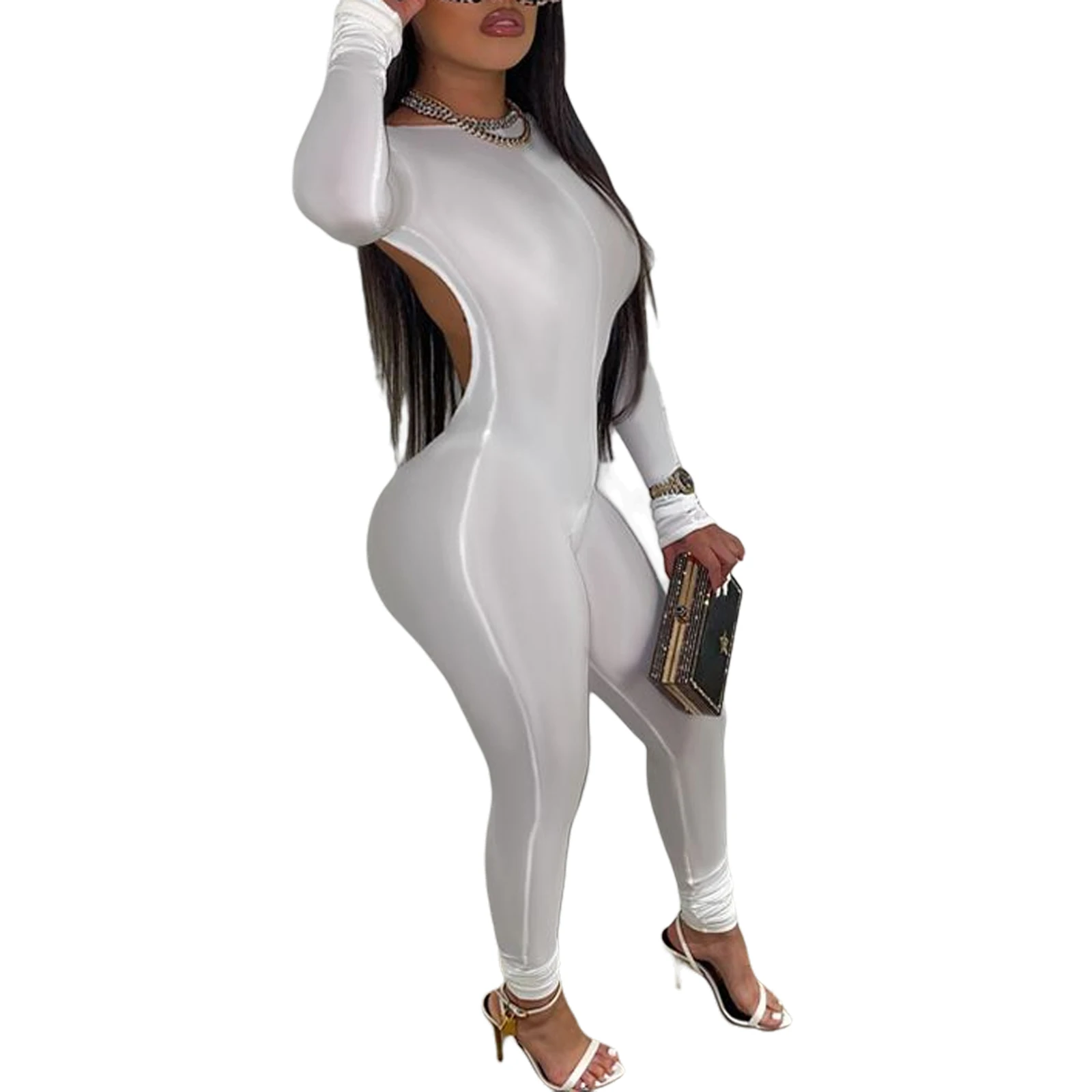 

Женский пикантный комбинезон с длинным рукавом, спортивная одежда, повседневный однотонный комбинезон с круглым воротником, облегающая сп...