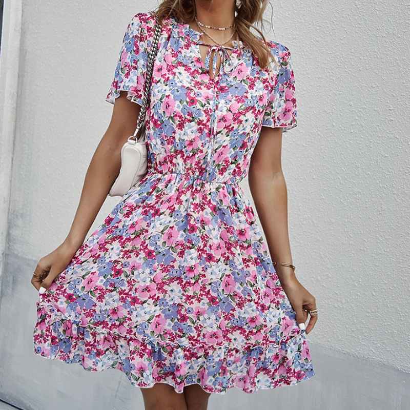 

Женское платье миди с цветочным принтом, разноцветное офисное элегантное праздничное платье с коротким рукавом и V-образным вырезом, лето