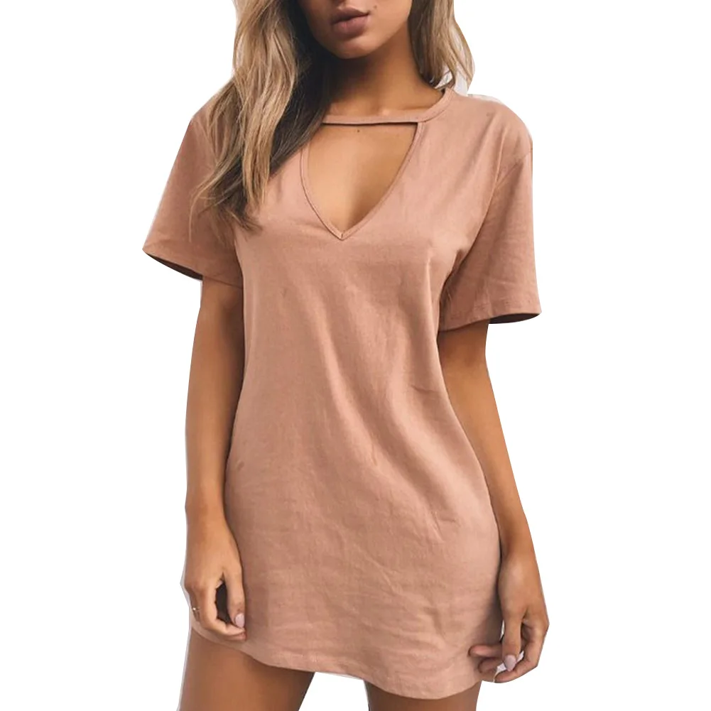 Повседневная Женская одежда Цвет sólido Cuello en V profundo Camiseta de manga corta Сексуальное мини