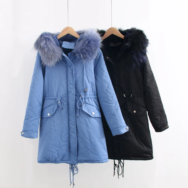 

Fad New Rabbit Hair Liner Parker Vogue Adjustable Waist Fur Collar Winter Jacket Women Medium Long Hooded Parka Padded Coat