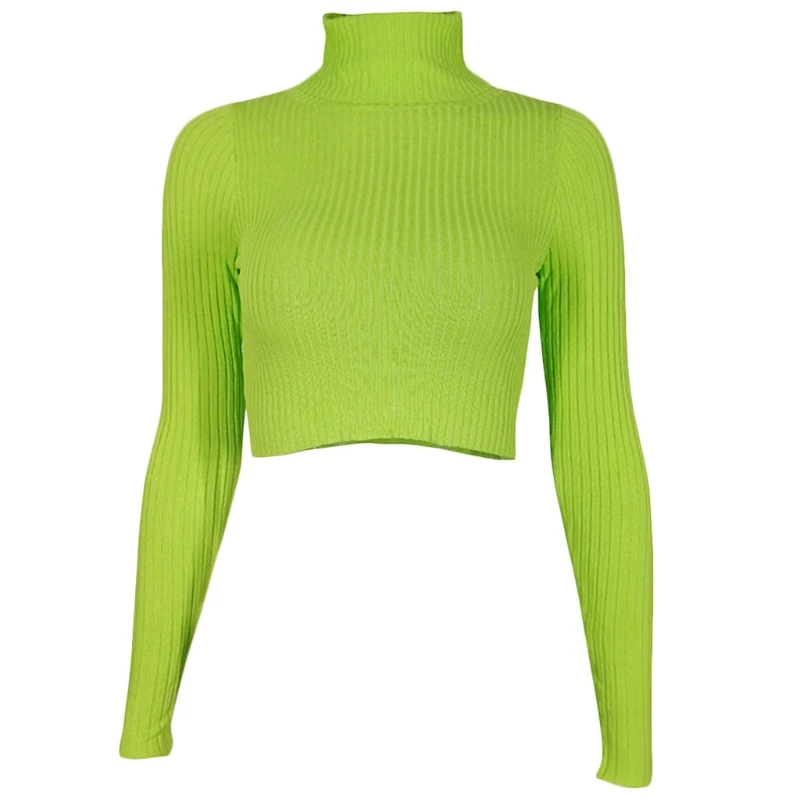 

Women Autumn Long Sleeve Turtleneck Sweater Ribbed Knitted Bodycon Crop Top Fluorescent Neon Green Solid Pullover Jumper s Stree