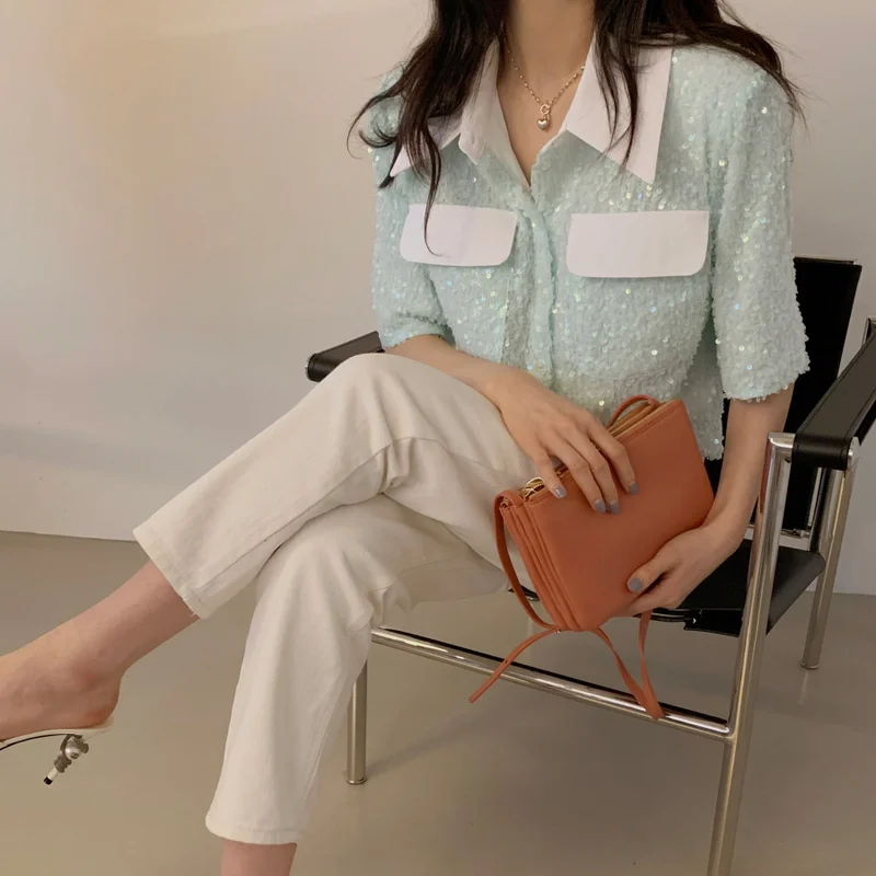

Women's Stylish Shirt Solid Turn-down Collar Sequins Patchwork Pockets Short Sleeves Shirts Women Blouses Autumn Spring 2021