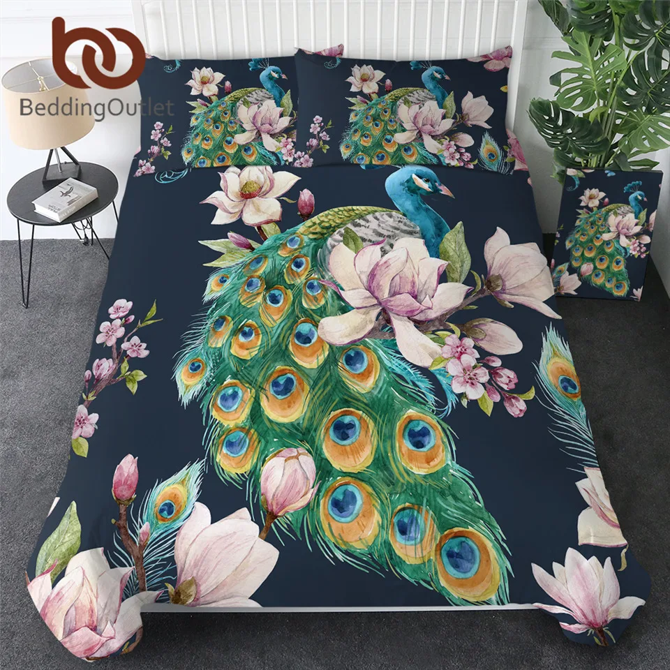 Комплект постельного белья с изображением птицы павлина цветущего цветка сакуры