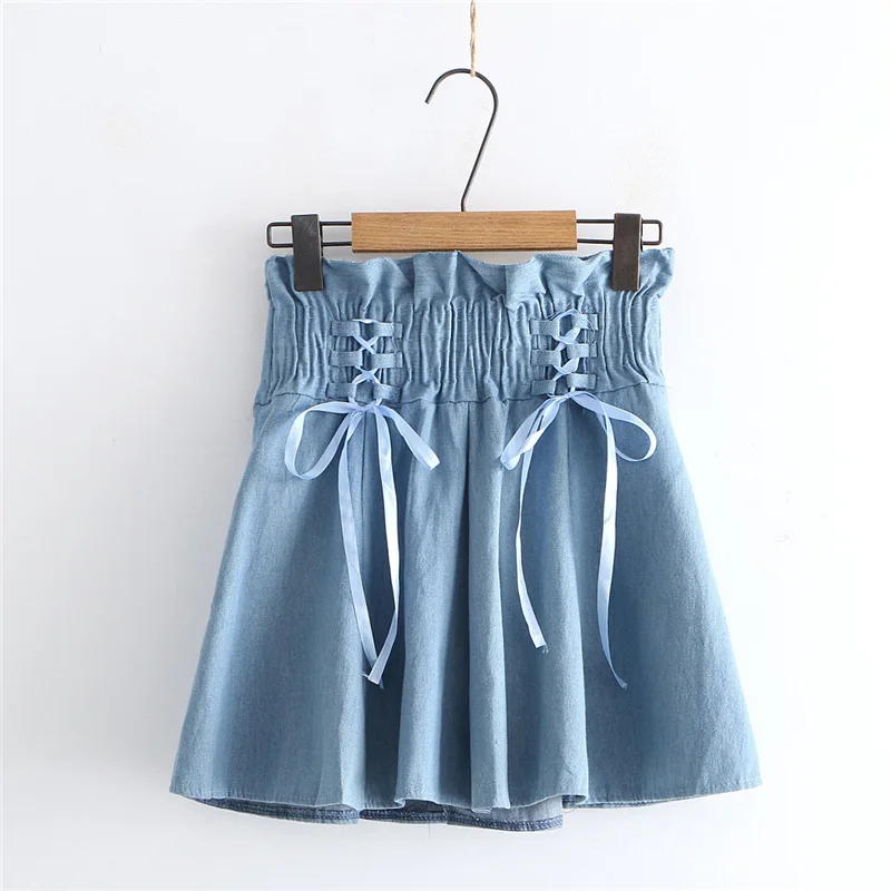 

Винтажная Повседневная Женская юбка, ретро бандажная Милая джинсовая юбка с оборками для девочек-подростков, Корейская короткая джинсовая ...