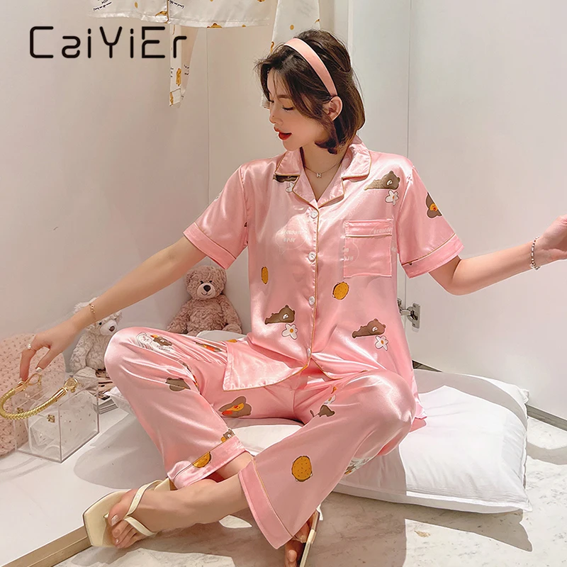 CAIYIER Summer Women New Pajamas Suit Silk satin Nightwear Girl Sweet Cartoon printing Pyjamas Short-sleeved Trousers Sleepwear