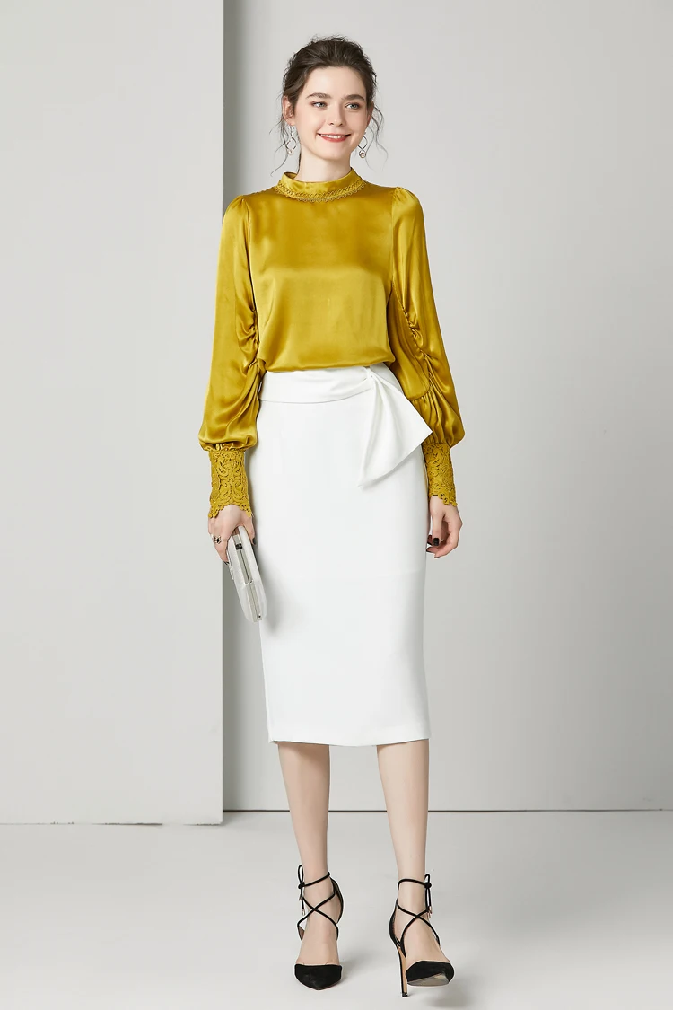 100% чистый шелк Женские Подиумные рубашки с круглым вырезом и длинными рукавами