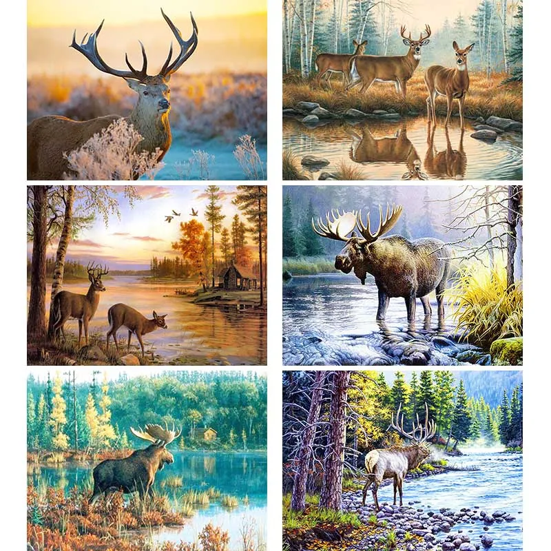 Алмазная живопись с изображением природного ландшафта оленя лосят алмазная