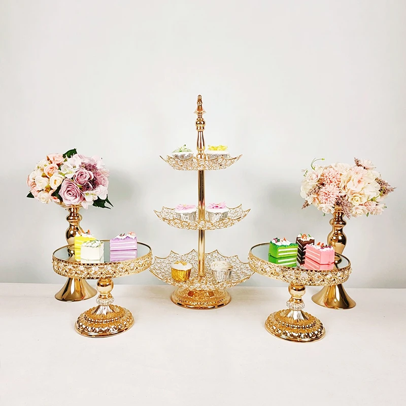 

5pcs 3 tiers new style crystal high grade electroplate mirror cake stand metal wedding cake rack cake tray