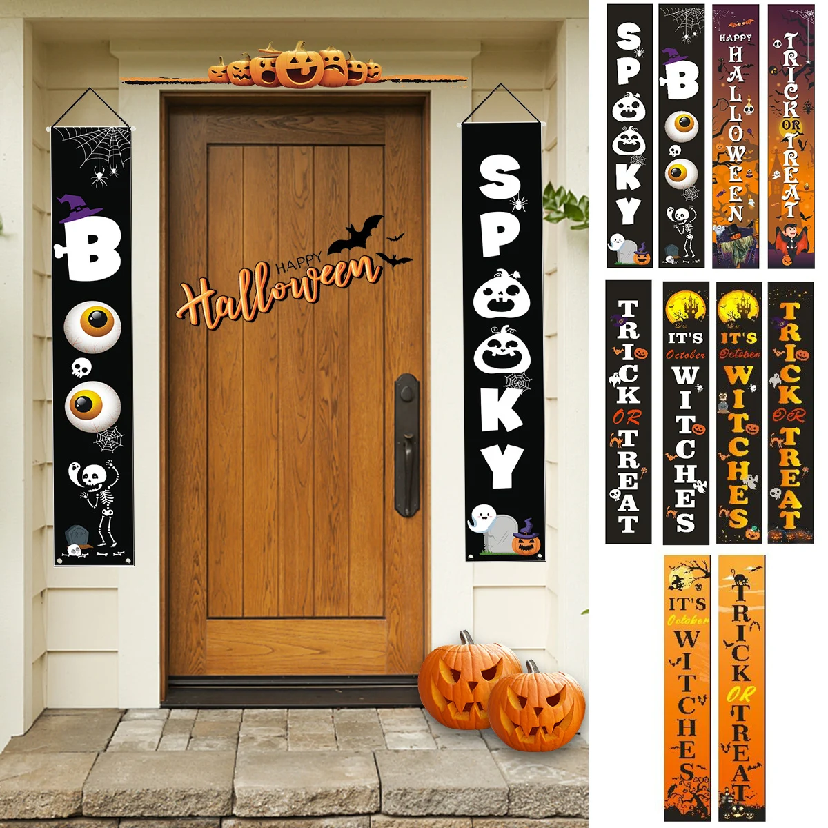 

5 style Halloween Banners Outdoor Indoor Trick or Treat Halloween Decoration Hanging Porch Sign for Home Holiday Party Decor