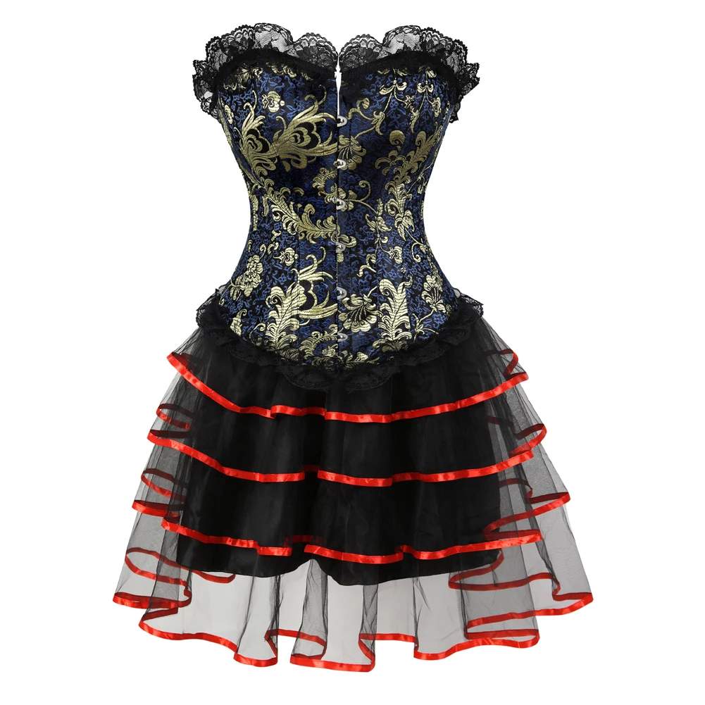 

Victorian Corset Dress Women Vintage Floral Lace Corset With Burlesque Sexy Striped Mini Tutu Skirt Set Plus Size Patry Costume
