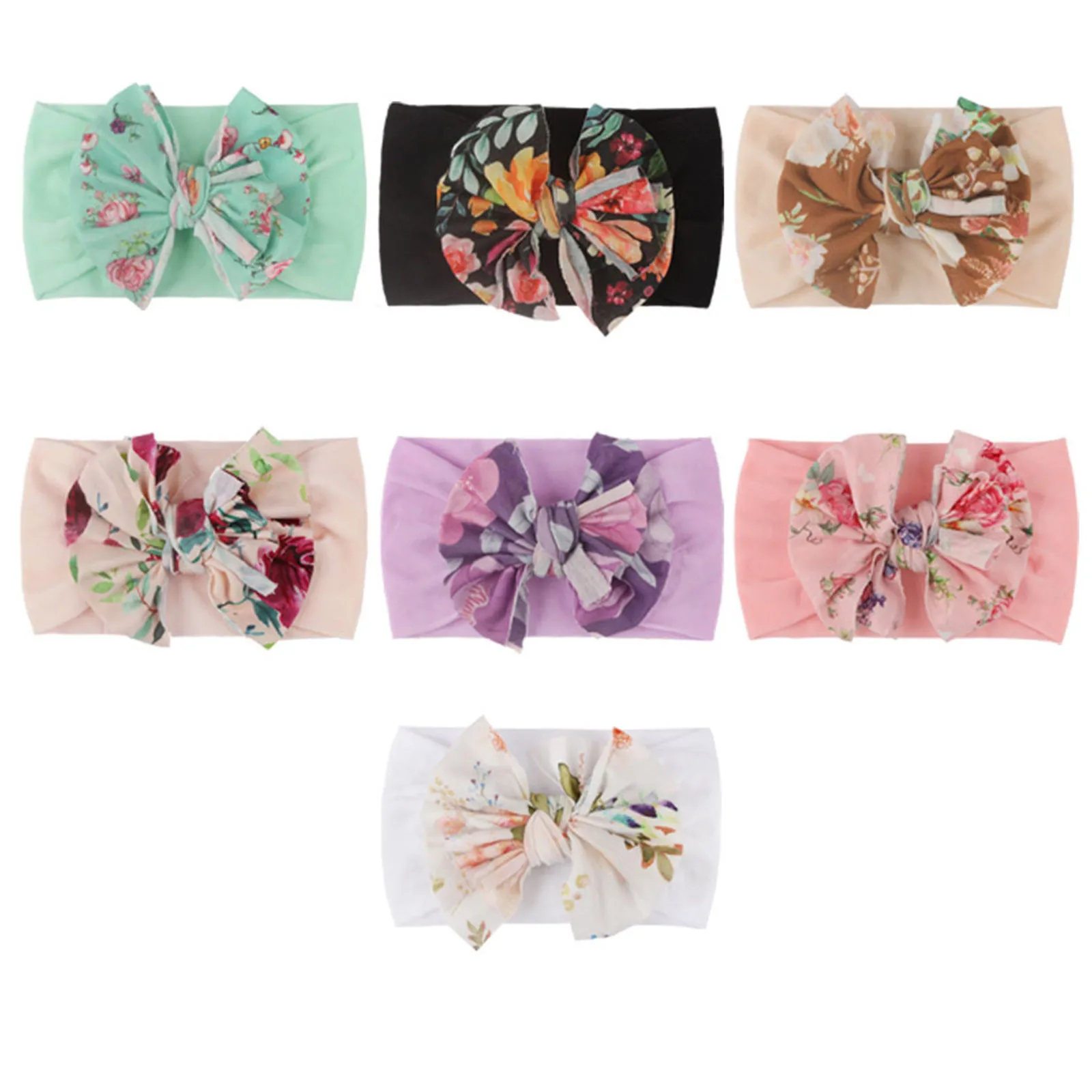 Повязка на голову с бантом и цветами для новорожденных девочек разноцветный