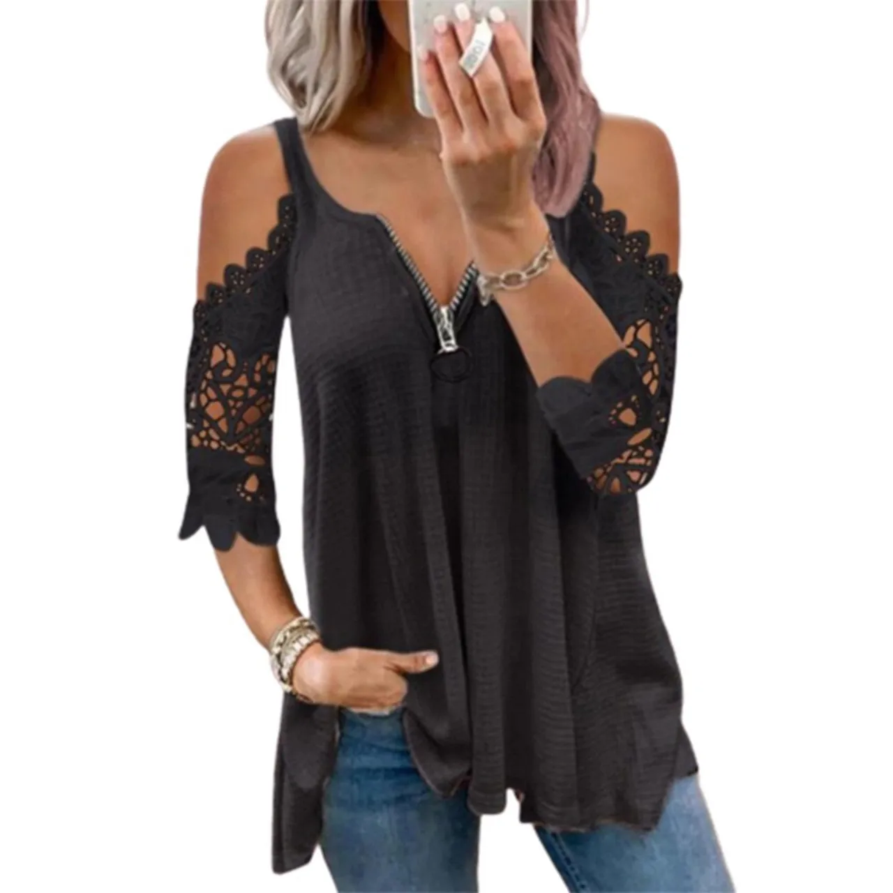 

New style women's explosive temperament suspenders stitching hollow lace sleeves knitted vest women's T-shirt plus size top