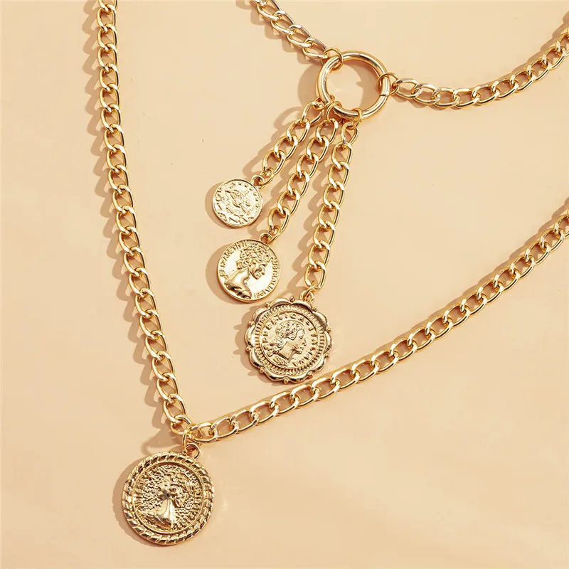 

2pcs/set Retro Gold Silver Color Coin Chain Long Tassel Pendant Necklace for Women Girl Metal Portrait Double Layer Necklaces