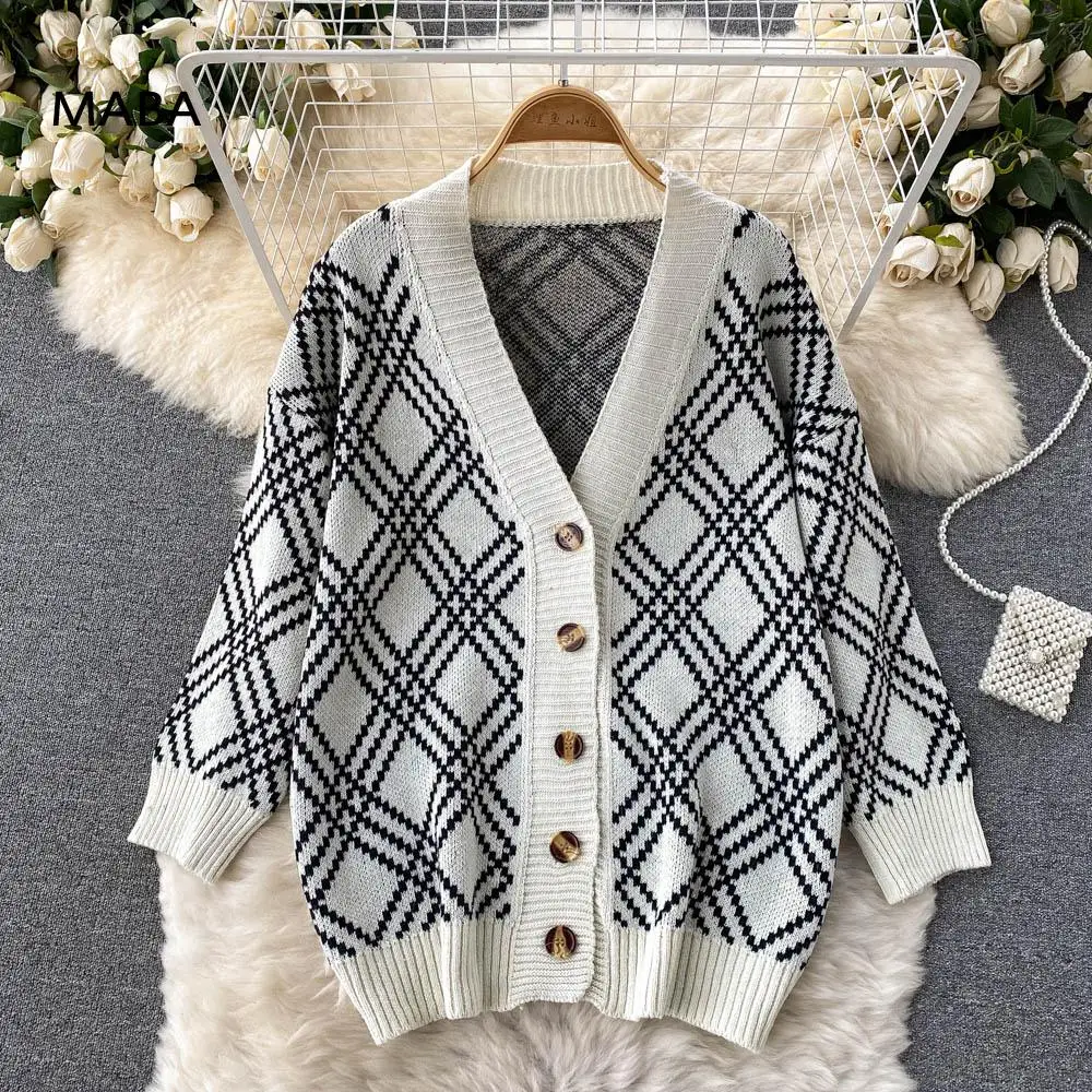 

Autumn Winter Women Plaid Knitted Cardigan Coat 2021 New V-neck Long Sleeve Loose Single Breasted Argyle Long Cardigan Vintage