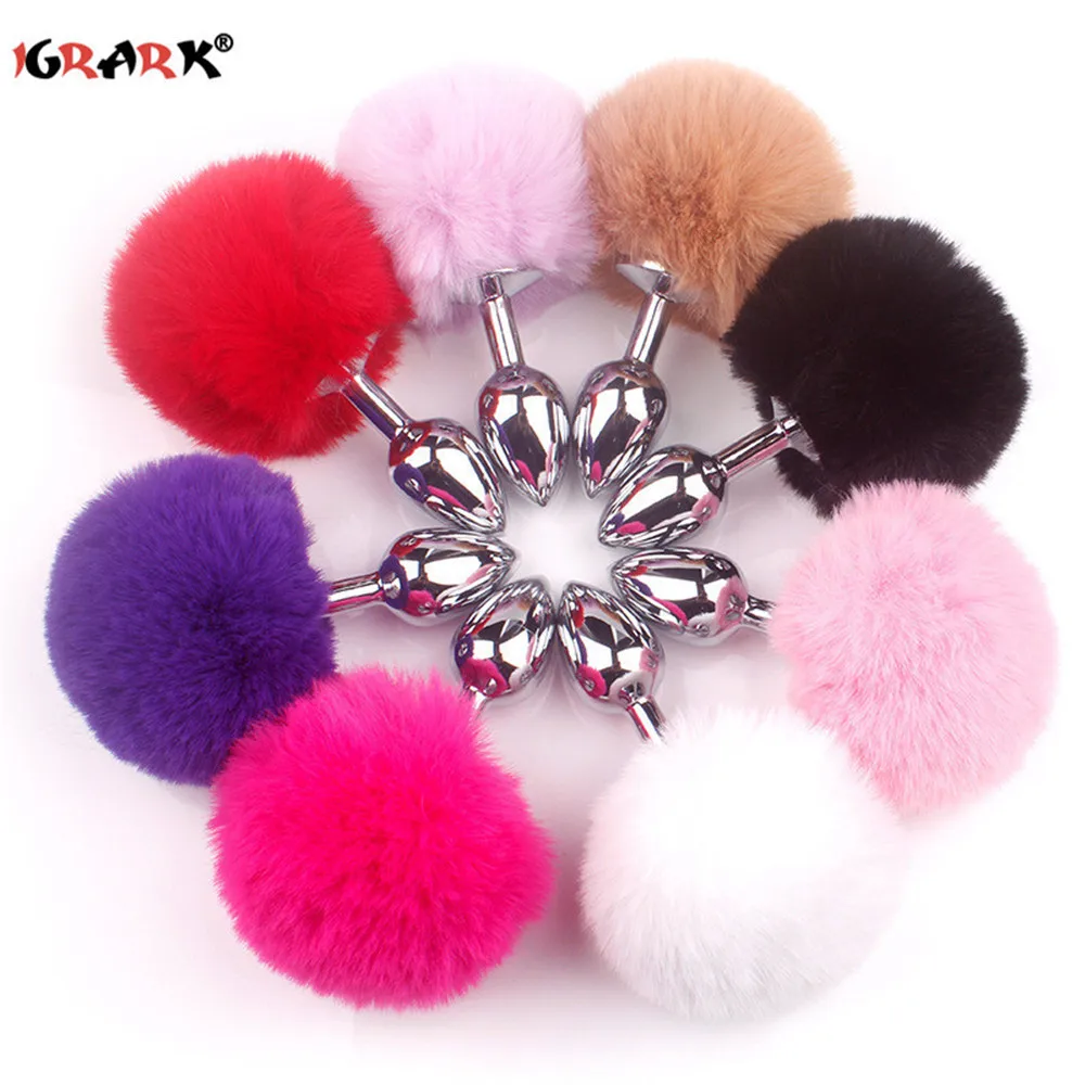 Шарик из кроличьего меха Анальная пробка Съемная хвост нержавеющей стали