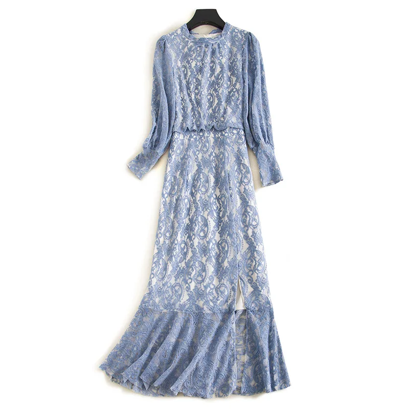 

2020 Spring Bodycon Lace Patchwork Mermaid Dress Women Solid O-Neck Long Sleeve Hollow Out Dress Office Lady Elegant Party Dress