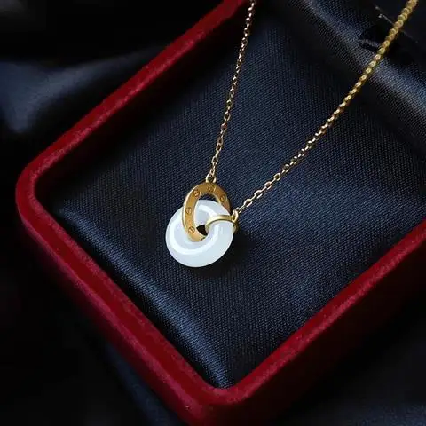 

[Qiyue] Natural Hetian Jade Peace Buckle White Jade Ladies Pendant 925 Silver Jade Fashion Silver Ornaments Necklace