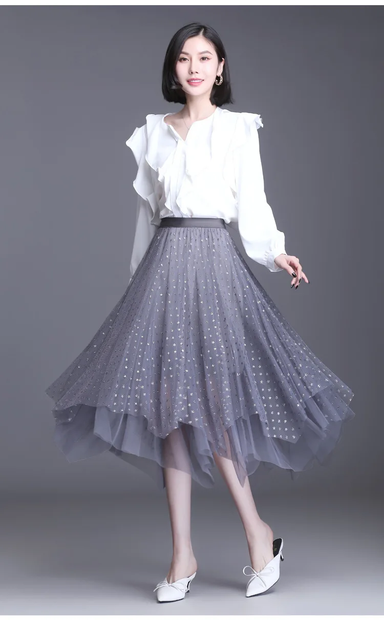 

Women High Waist Temperament Irregular Long Mesh Pleated Skirt Office Lady Elegant Chic Korean Loose Big Swing Stars Skirts 2093