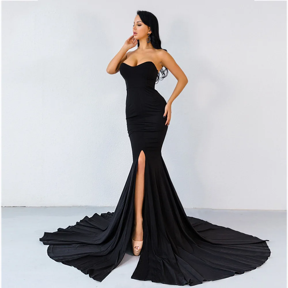 

Sexy Strapless Long Black Maxi Dress Front Slit bare shoulder Red Women's evening summer dress Night Gown Party Maternity Dress