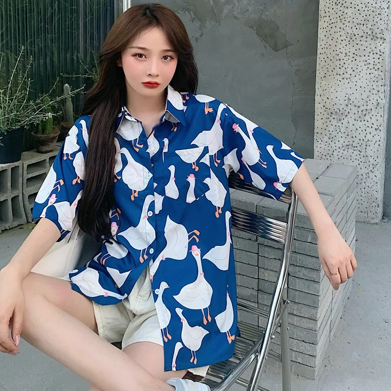 

Women Oil Print Loose Casual Shirt Summer Female Short Sleeve Turn-down Collar Top Ladies Shirt with Pocket