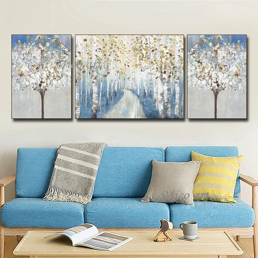 3 Панели 100% ручная роспись лесное дерево абстрактная живопись маслом на холсте