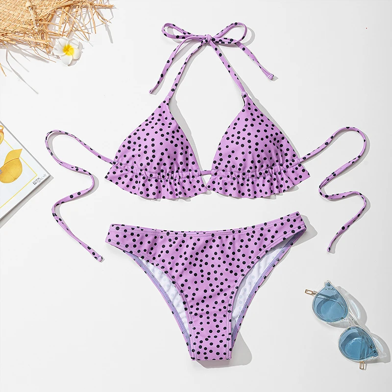 

2021 Bikini Set Sexy Ruffle Dot Print Floral Two Piece Bandage Split Sling Backless Push Up Swimwear Women Swimsuit Beachwear