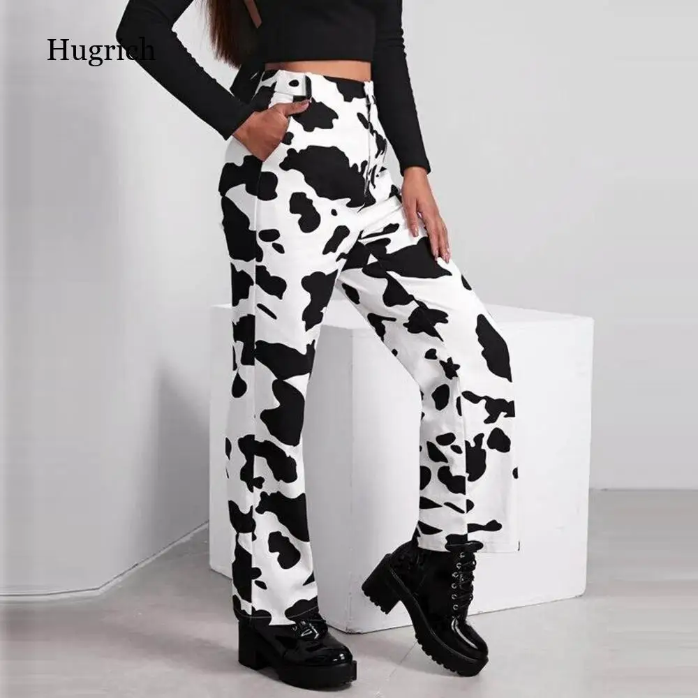 

2021 Summer Vintage Jeans Woman Long Trousers Cowboy Female Loose Streetwear Cow Print Pocket High Waist Loose Wide Leg Pants