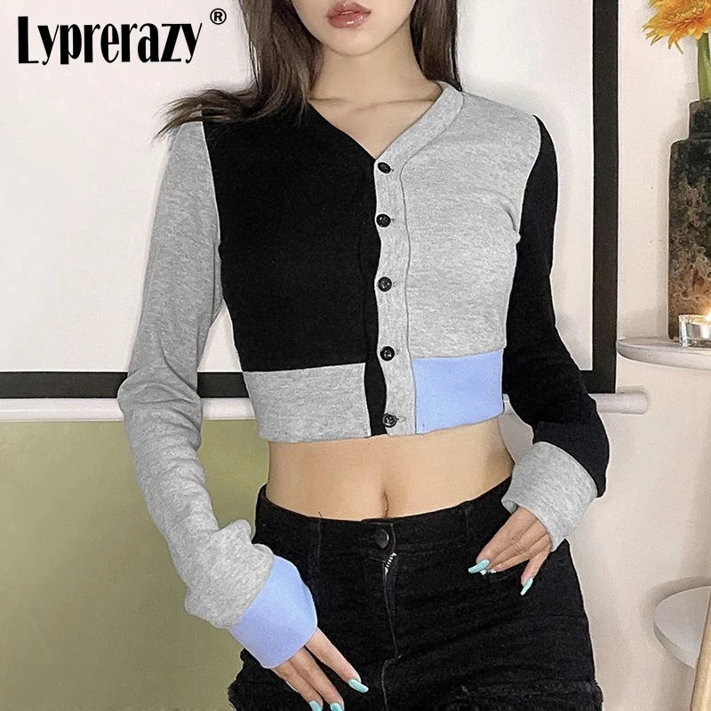 

Lyprerazy Women Long Sleeve Crop Top V-Neck Ribbed Knit Buttons T-Shirt Streetwear Casual Bodycon Cardigan