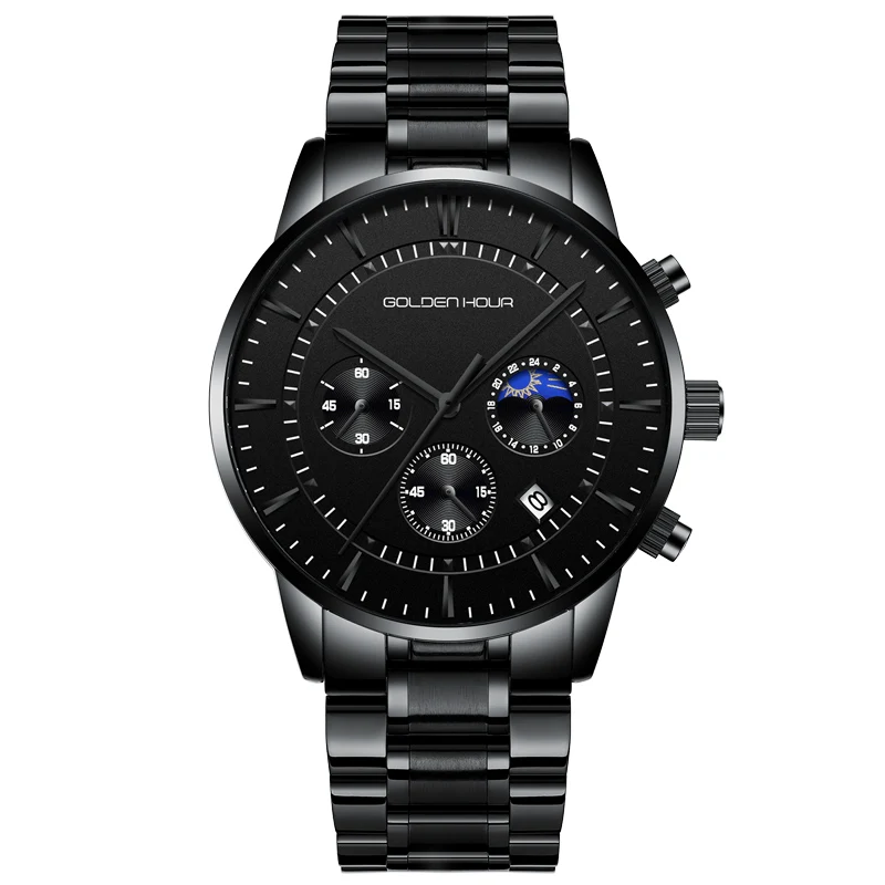 S-black black GOLDENHOUR роскошные брендовые мужские часы полностью стальные деловые наручные часы водонепроницаемые кварцевые мужские часы Relogio Masculino - Цвет: S-black black