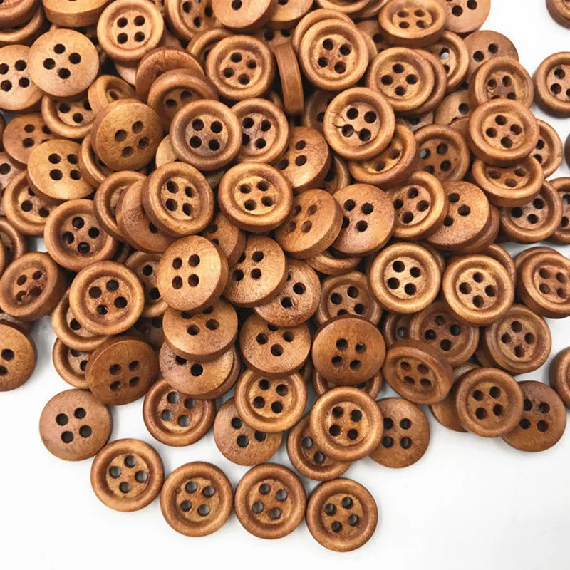 Деревянные коричневые пуговицы 200X для рукоделия круглые с 4 отверстиями