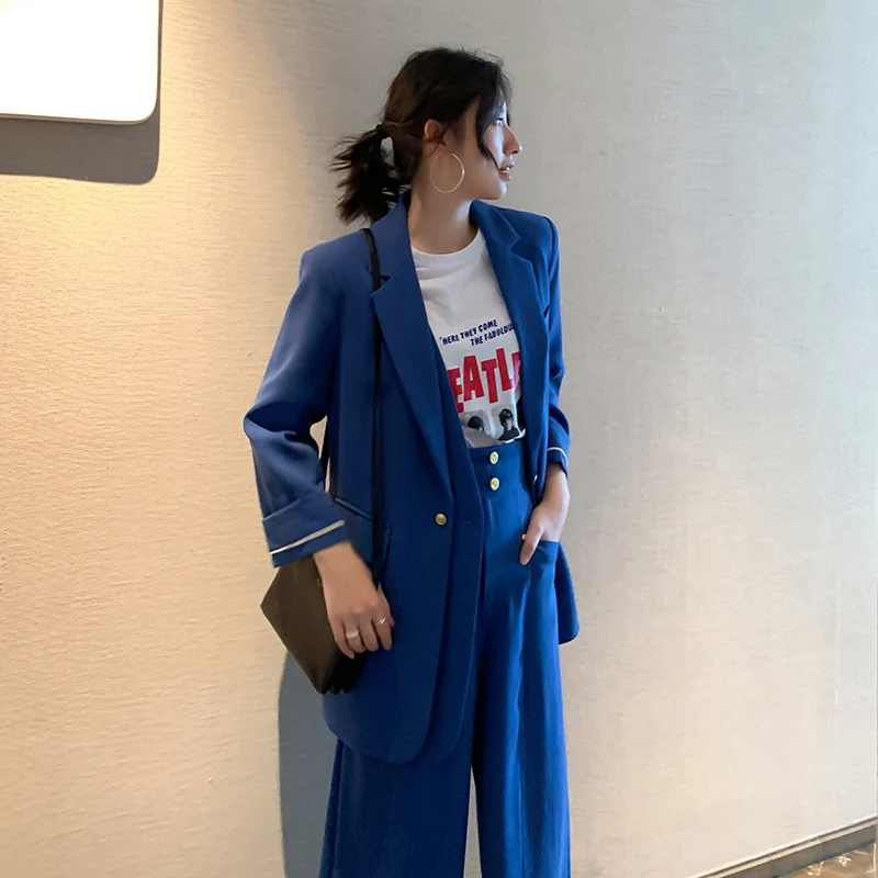 

Fashion pants suit female summe New High-end blue Double breasted casual Loose suit + Wide leg pants suit women Work clothes