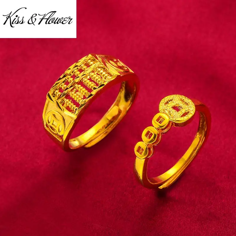

KISS&FLOWER RI87 Fine Jewelry Wholesale Fashion Hot Woman Man Birthday Wedding Gift Fortune Abacus Coin 24KT Gold Resizable Ring