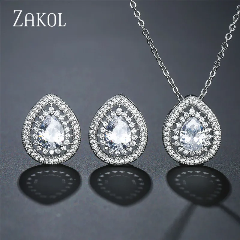 ZAKOL Classic Micro Mosaic Cubic Zirconia Drop Stud Earrings Pendant Set Bridal Jewelry Women Wedding Anniversary Gift FSSP3028 | Украшения