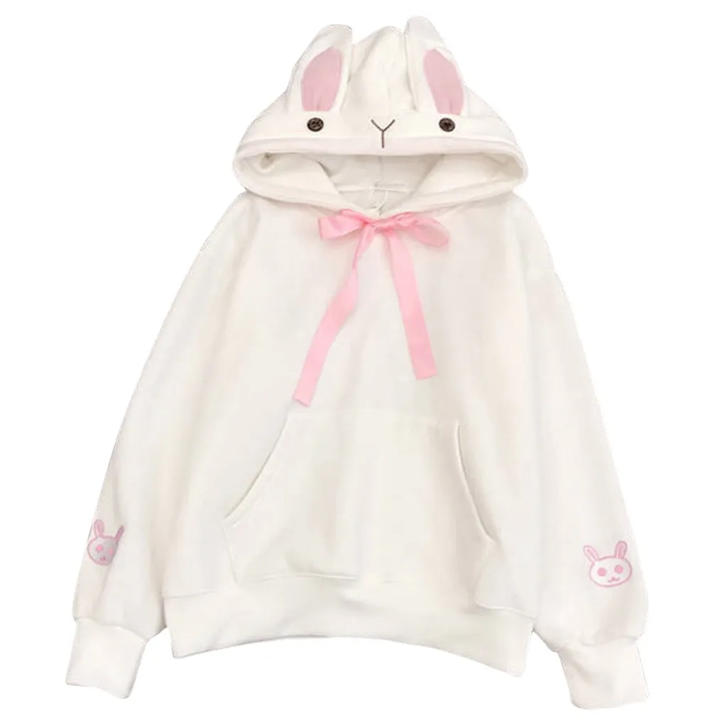 

Hoodies Rabbit Ear sudadera kawaii Sweatshirt Women Winter Warm Pink Hoodies Sweatshirts With Front Pocket 80816