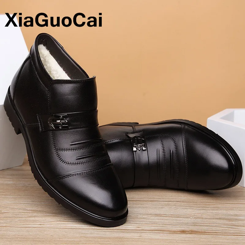 Высокие зимние мужские ботинки с мехом Теплые из натуральной кожи Деловая обувь