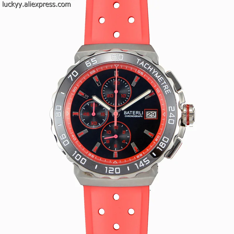 Chronograph sport mens watch VK Quartz stainless steel case and red rubber strap boys watches 6 Hands Date Day Display A193