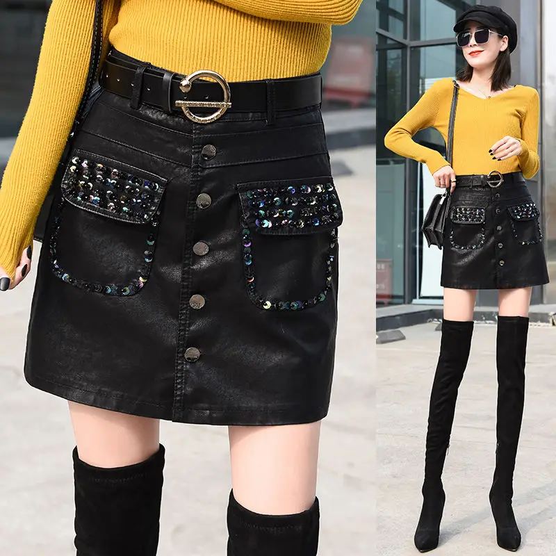 

2021 Autumn Winter Women New High Waist PU Leather Skirts Female Streetwear Mini Skirts Ladies Slim Package Hip Skirts T869