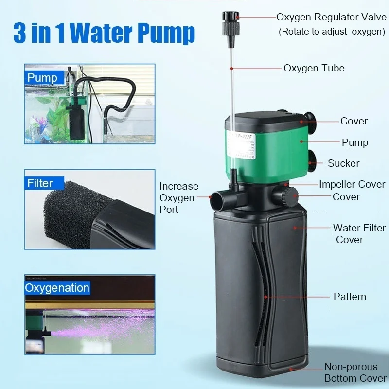 Бесшумный кислородный насос 3 в 1 для аквариума регулируемый водяной с заменяемой