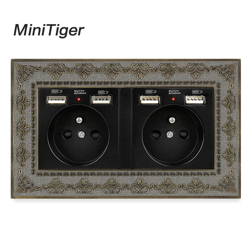 Настенная розетка Minitiger 2 клавиши французская стандартная с 4 USB портами для