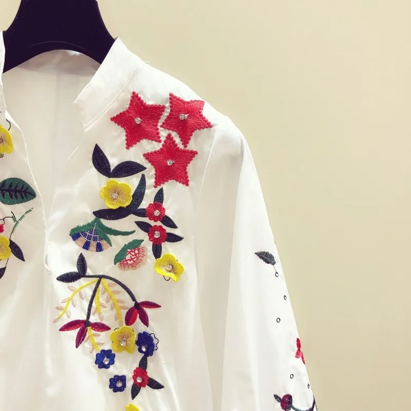 

2020 Spring New Fashion Beaded Embroidered V-neck Long-Sleeve Shirt Women's Casual Irregular White Shirt Ladies Loose Blouse Top