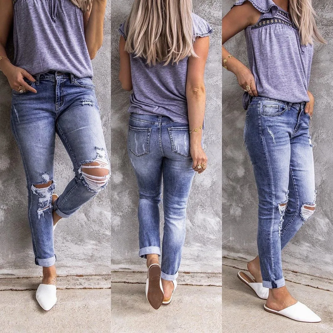 Новые женские сексуальные рваные джинсы с дырками Стрейчевые прямые брюки