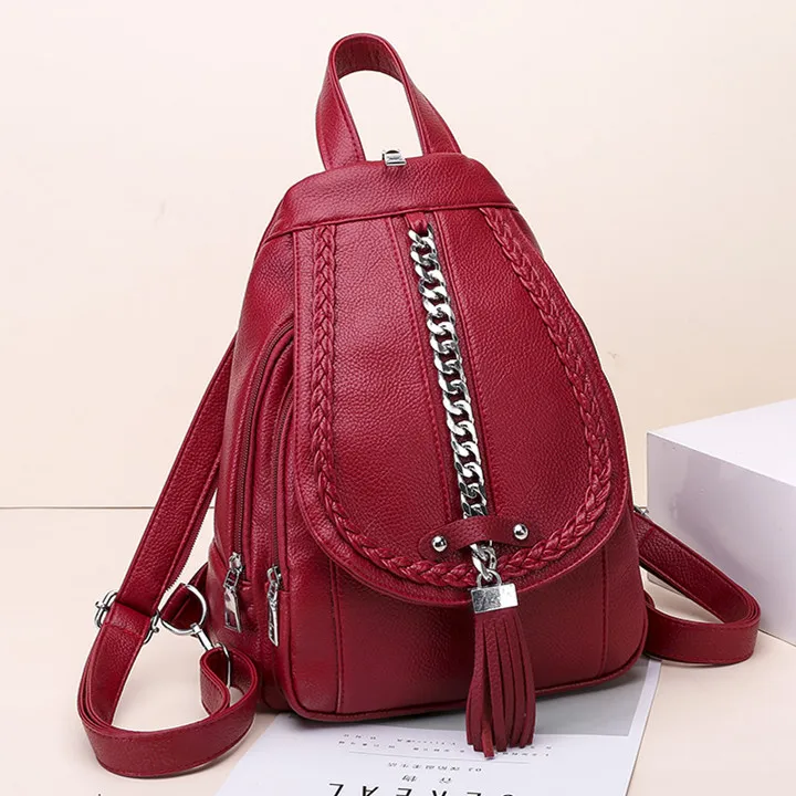 

Women Backpack Soft PU leather multifunctional female shoulder bag Girl Chest bag travel backpack Chain tassel design mochila