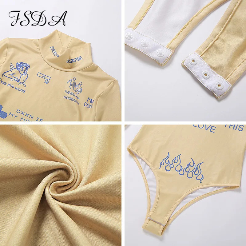 

FSDA 2020 Long Sleeve Black Sexy Bodysuit Women Autumn Winter Print Khaki Body Top Casual Party Streetwear Bodycon Bodysuits
