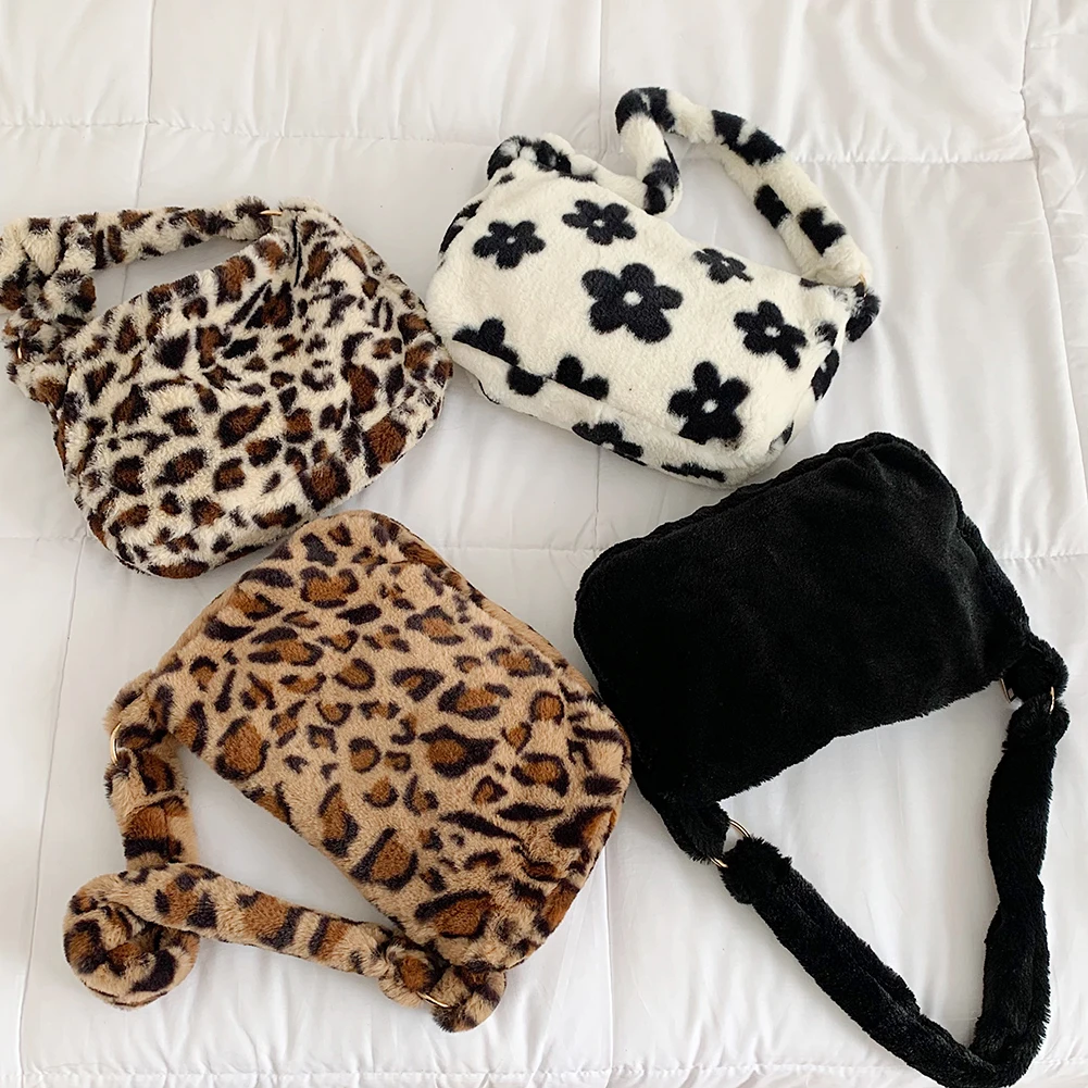 

Fashion Women's Bag Cow Print Mini Shoulder Shopper Bags Female Winter Plush Underarm Bags Leopard Zebra Pattern Fluffy Handbags