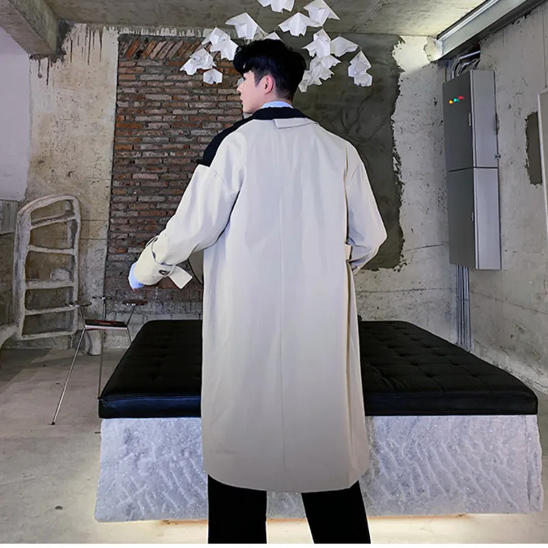 

IEFB streetwear color block patchwork design mid length trench coat for men 2021 spring new loose asymmetrical windbreaker Y4710
