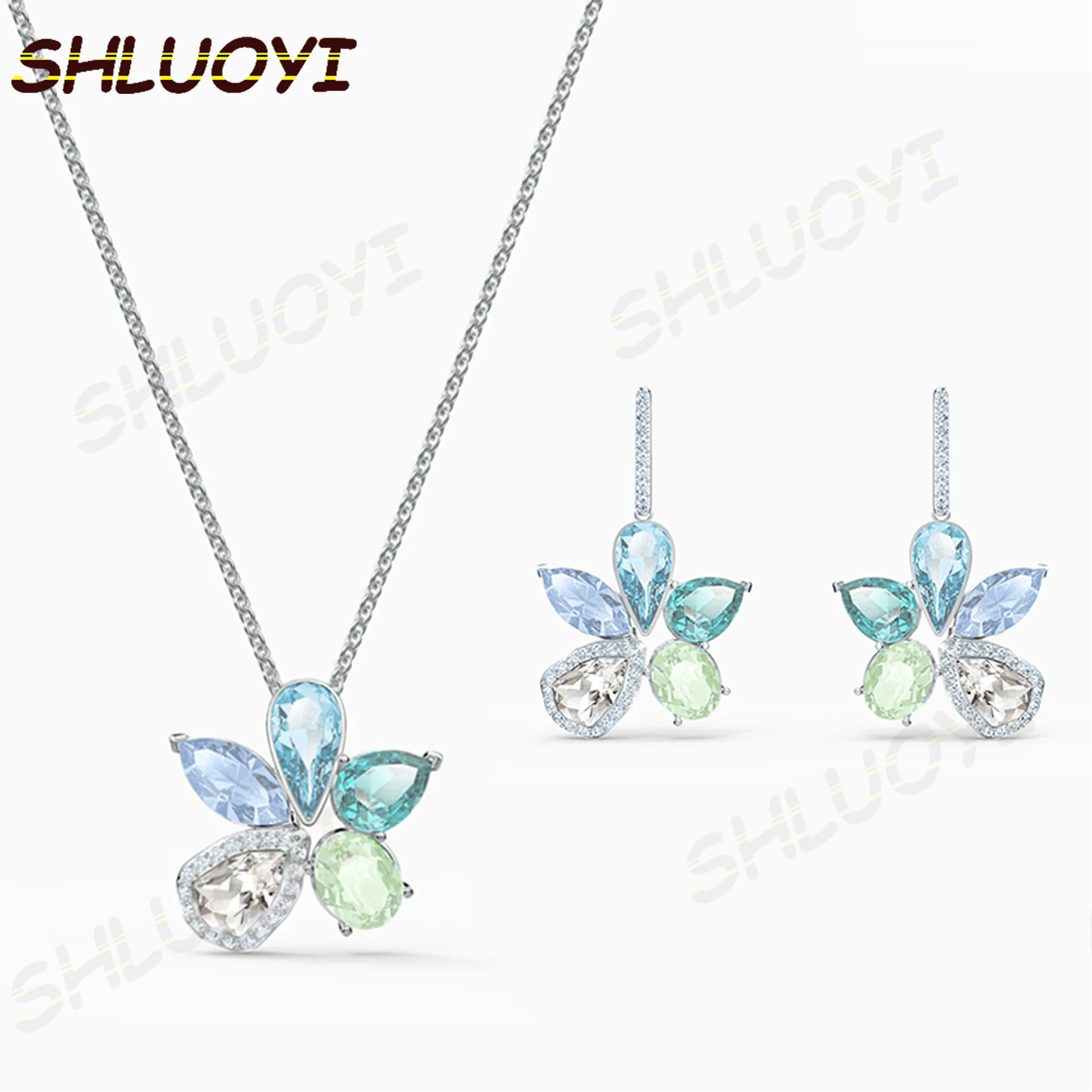 

SHLUOYI 2020 fashion jewelry high quality SWA exquisite charm classic elegant blue crystal flower female Pendant Necklace