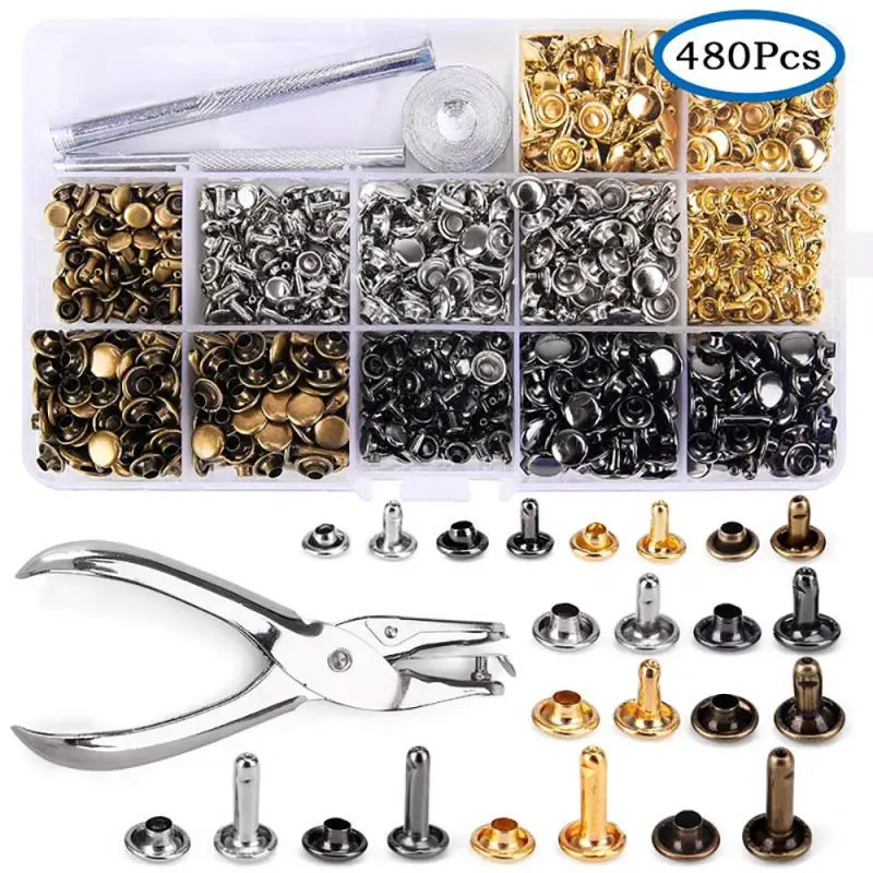

120/240/480Pcs Leather Rivets Double Cap Rivet Tubular Metal Studs with Punch Pliers Fixing Tools For DIY Leather Craft Set